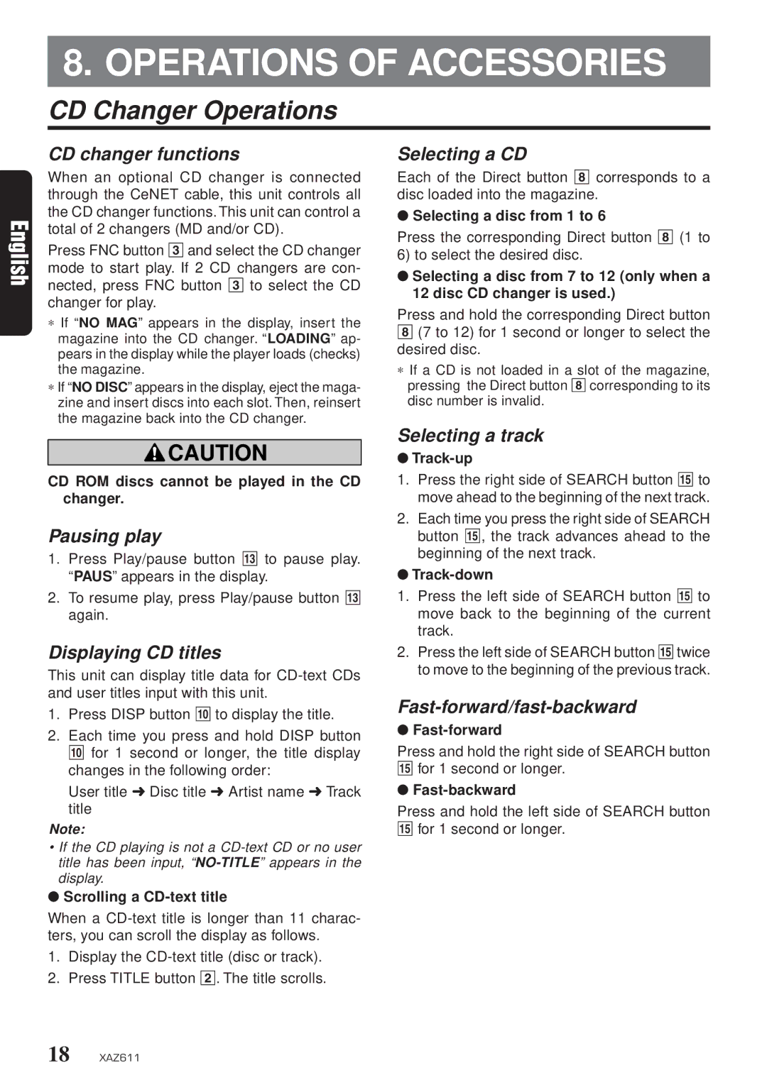 Clarion XAZ611 owner manual Operations of Accessories, CD Changer Operations 