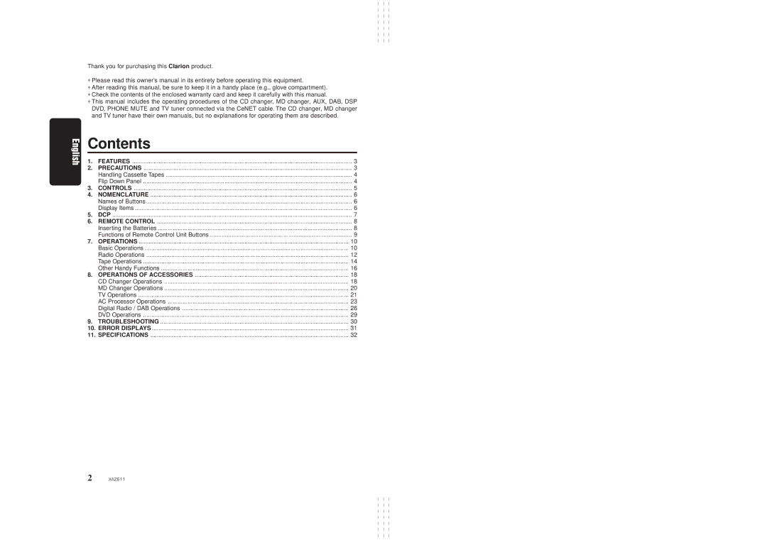 Clarion XAZ611 owner manual Contents 