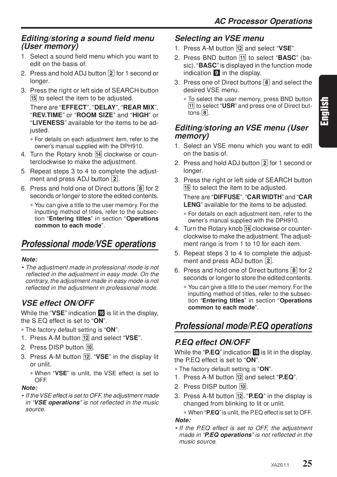 Clarion XAZ611 owner manual AC Processor Operations, Editing/storing an VSE menu User, Memory, VSE effect ON/OFF 