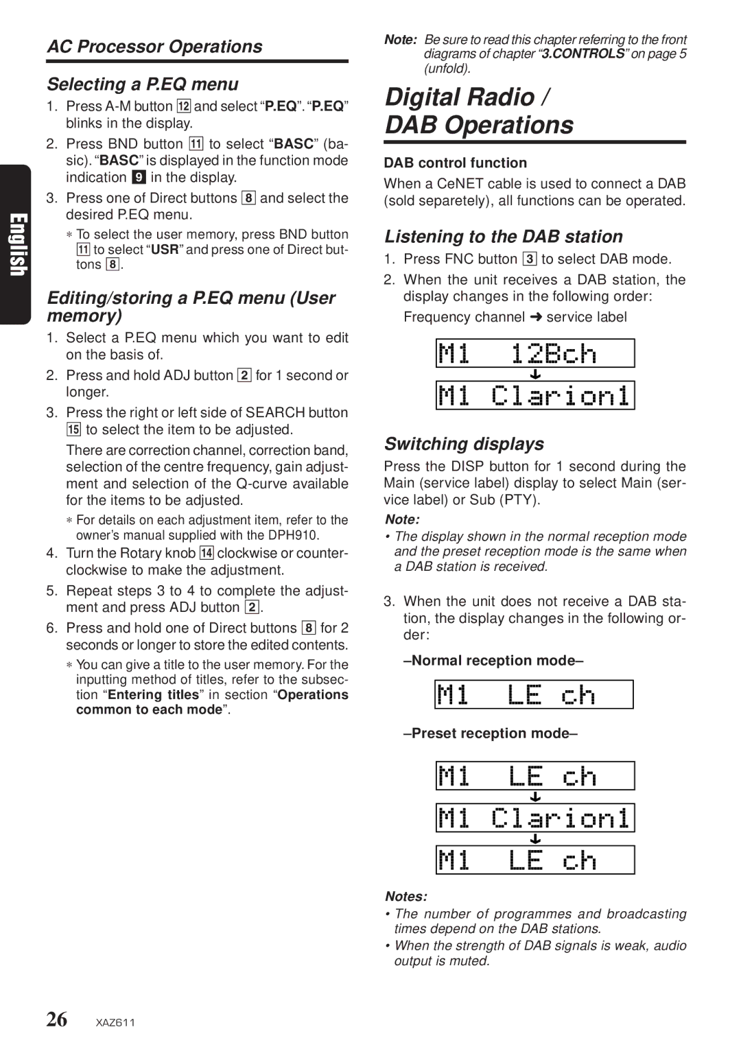 Clarion XAZ611 Digital Radio DAB Operations, AC Processor Operations Selecting a P.EQ menu, Listening to the DAB station 