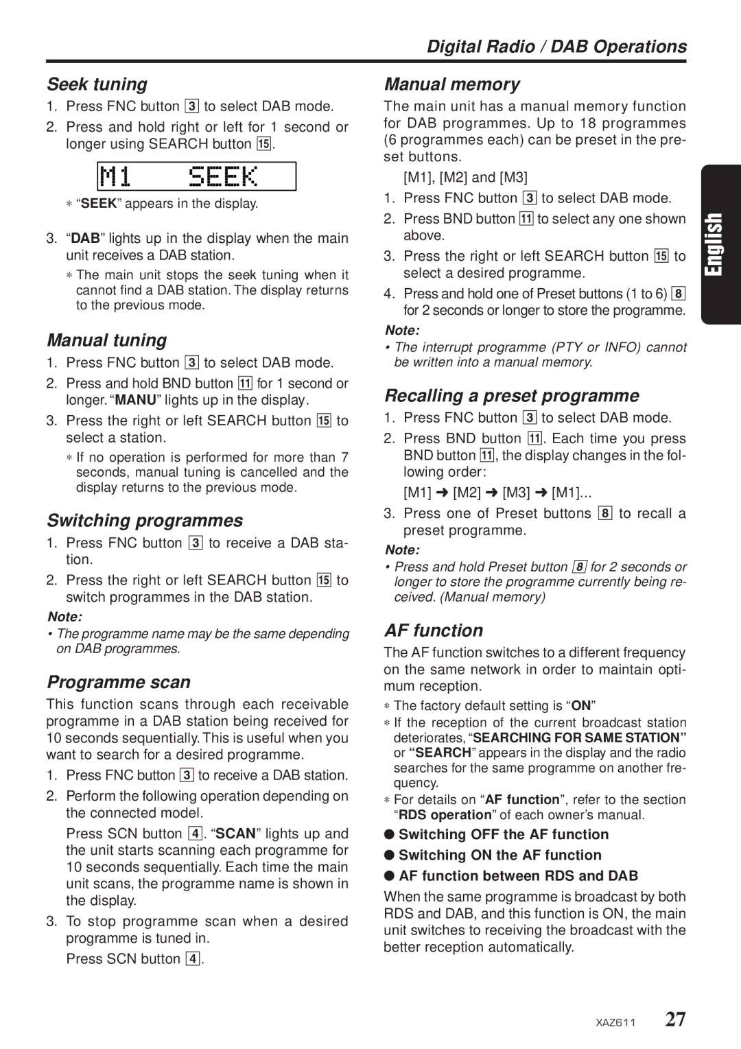 Clarion XAZ611 Digital Radio / DAB Operations Seek tuning Manual memory, Switching programmes, Programme scan, AF function 