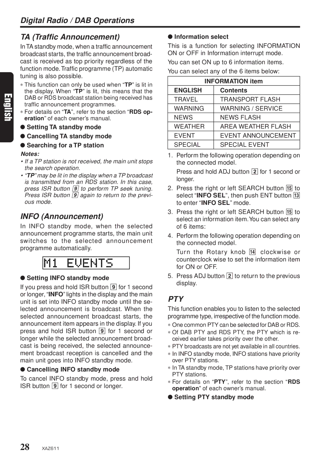 Clarion XAZ611 owner manual Digital Radio / DAB Operations, TA Traffic Announcement, Info Announcement 