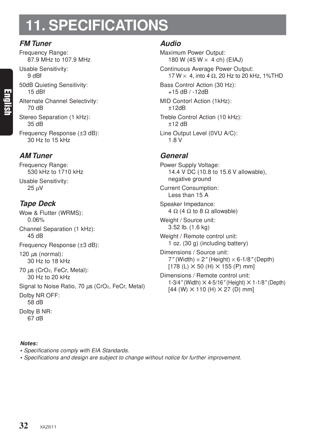 Clarion XAZ611 owner manual Specifications, FM Tuner Audio, AM Tuner, Tape Deck, General 