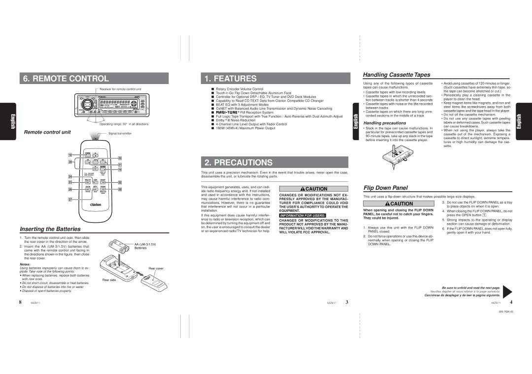 Clarion XAZ611 owner manual Remote Control 