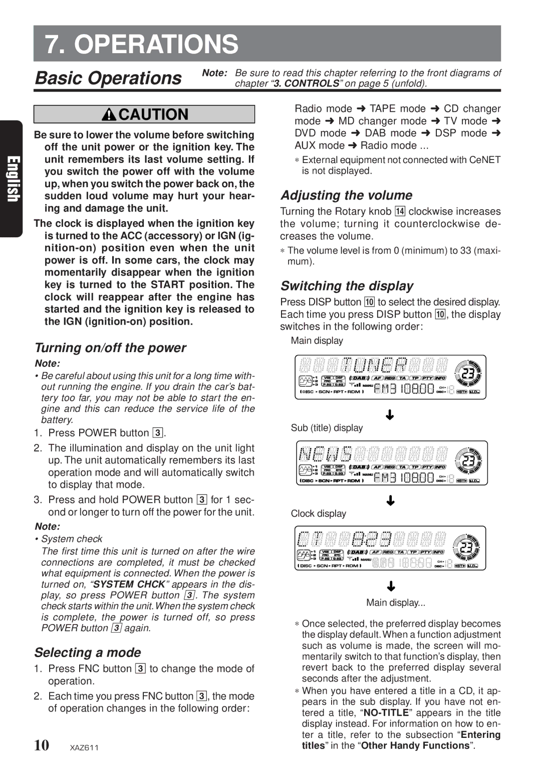 Clarion XAZ611 owner manual Basic Operations 