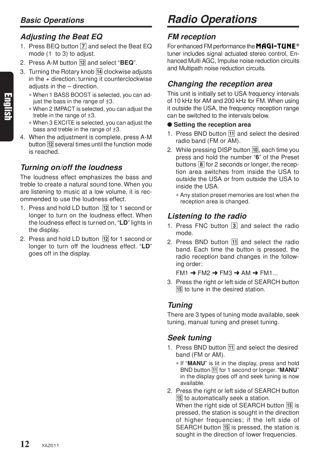 Clarion XAZ611 owner manual Radio Operations 