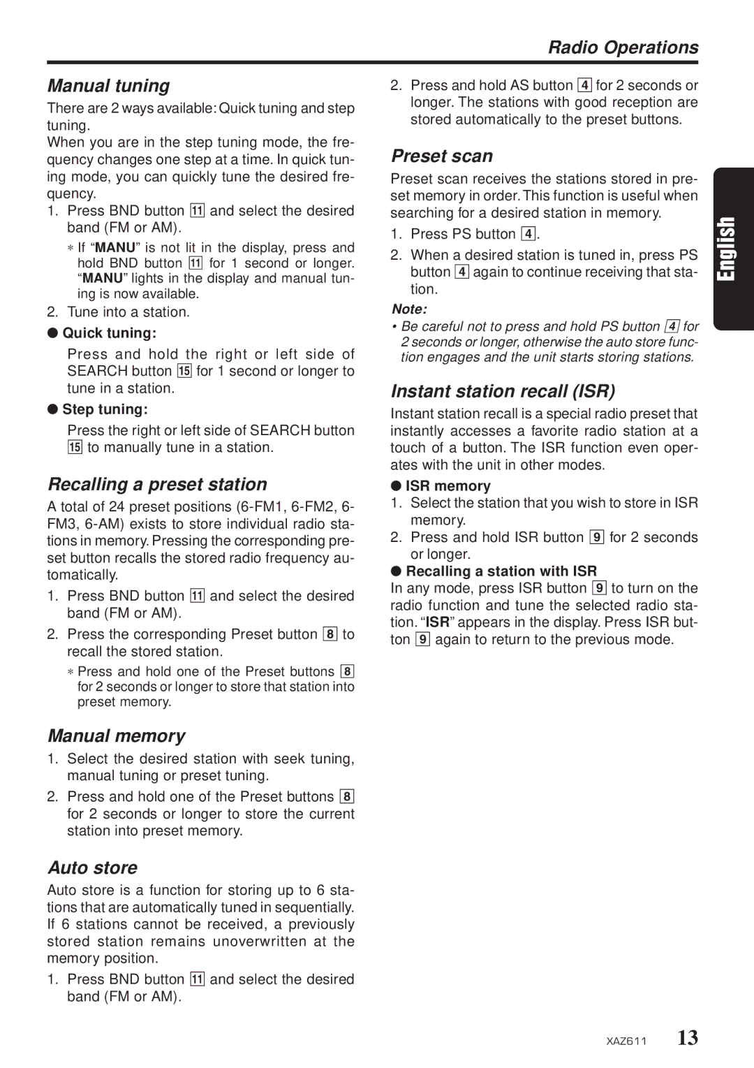 Clarion XAZ611 Radio Operations Manual tuning, Recalling a preset station, Manual memory, Preset scan, Auto store 