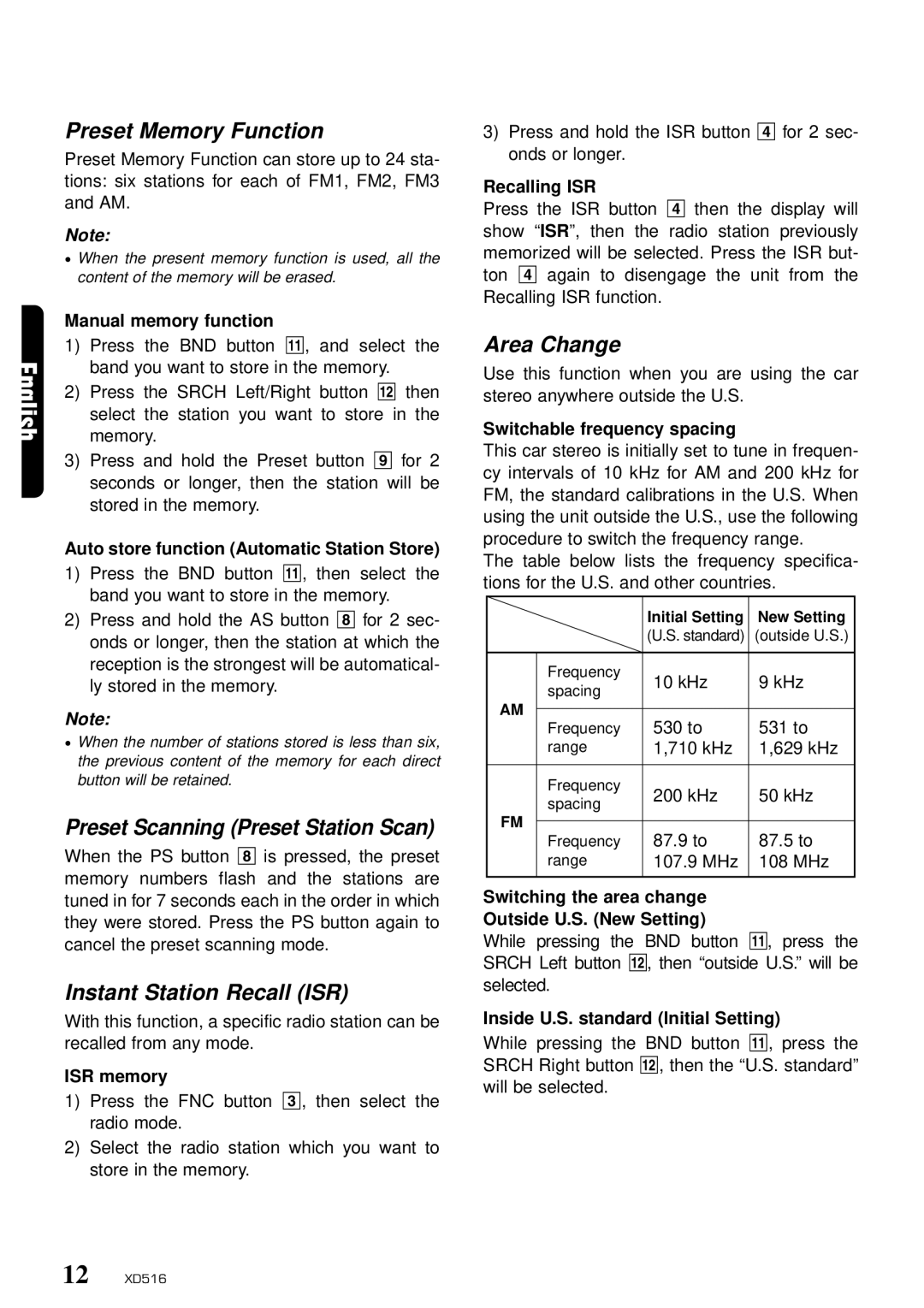 Clarion XD516 Preset Memory Function, Preset Scanning Preset Station Scan, Instant Station Recall ISR, Area Change 