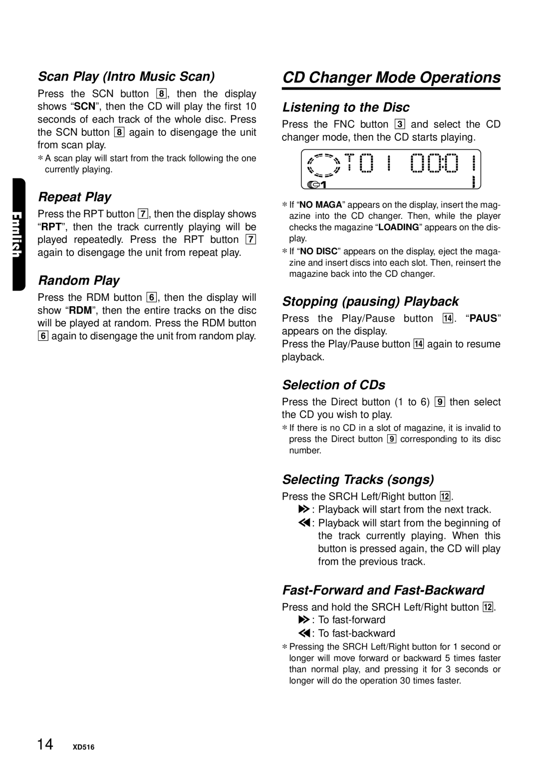 Clarion XD516 owner manual CD Changer Mode Operations 