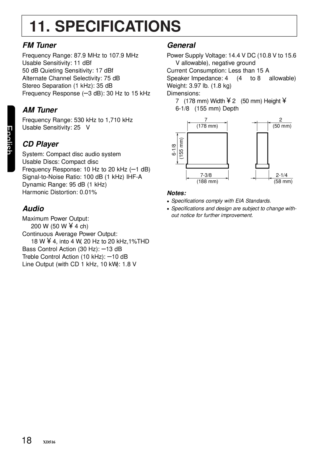 Clarion XD516 owner manual Specifications 