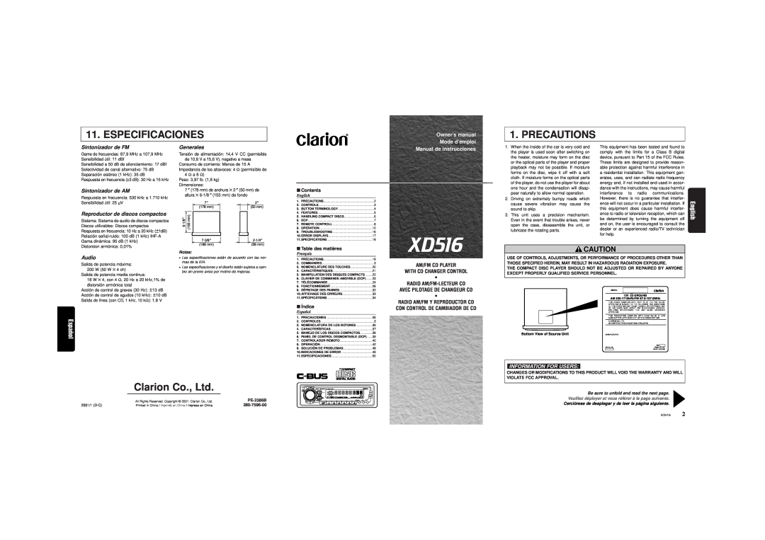 Clarion XD516 owner manual Especificaciones, Precautions, English, Español, Sintonizador de FM, Sintonizador de AM, Audio 