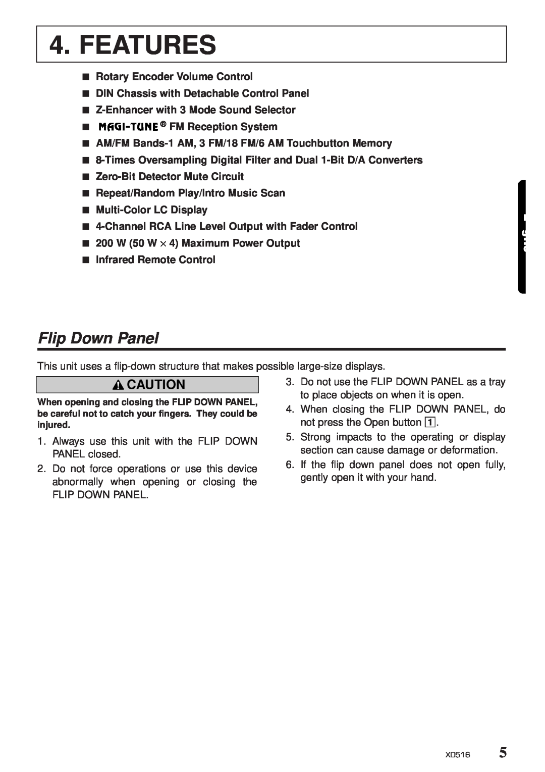 Clarion XD516 owner manual Features, Flip Down Panel 