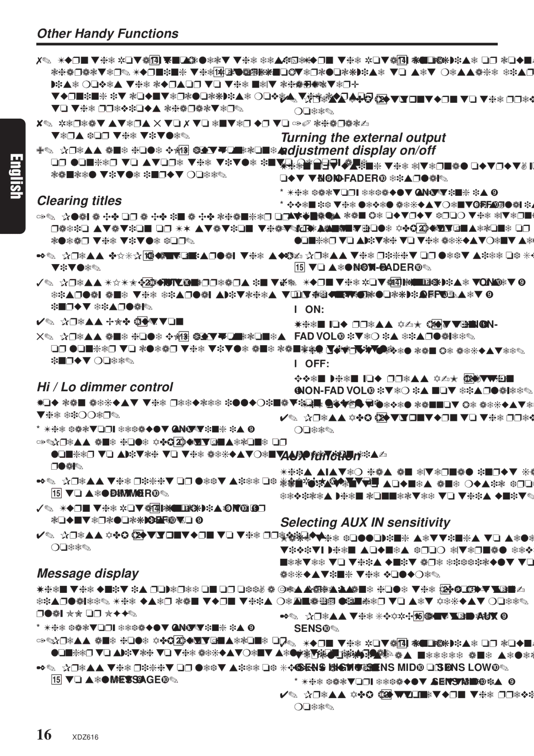 Clarion XDZ616w owner manual Other Handy Functions, Clearing titles, Hi / Lo dimmer control, Message display, AUX function 