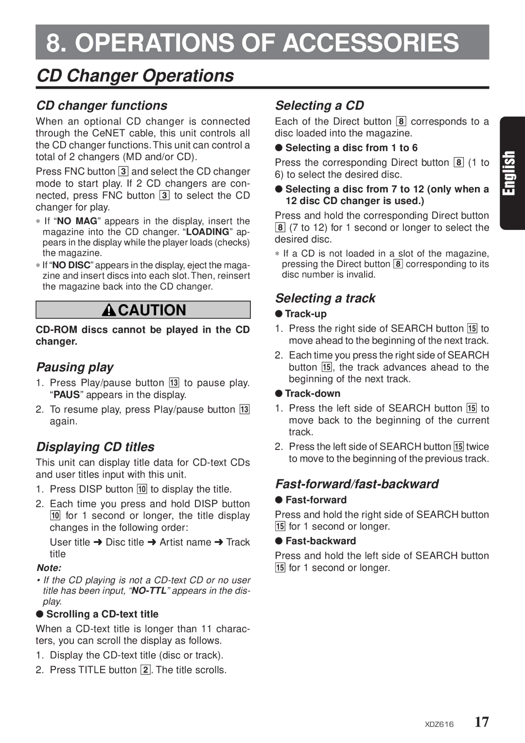 Clarion XDZ616w owner manual Operations of Accessories, CD Changer Operations, CD changer functions, Selecting a CD 