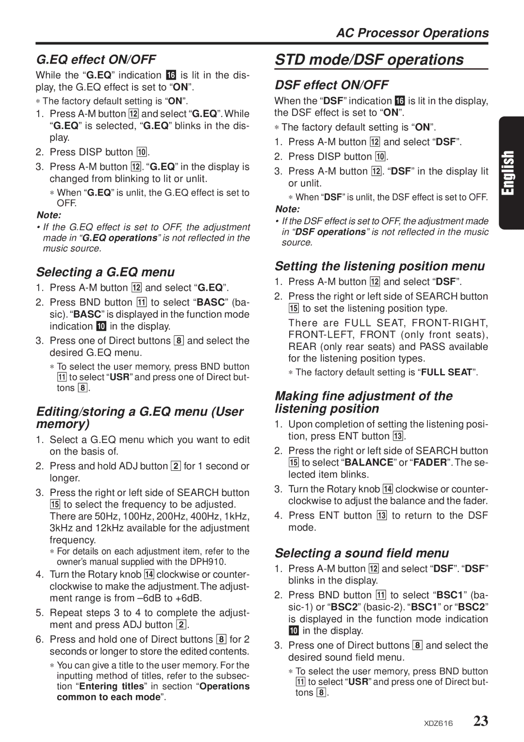 Clarion XDZ616w owner manual AC Processor Operations EQ effect ON/OFF, DSF effect ON/OFF, Selecting a G.EQ menu 