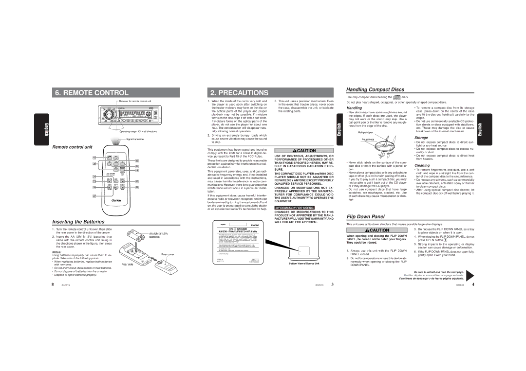 Clarion XDZ616w owner manual Remote Control Precautions, Remote control unit 