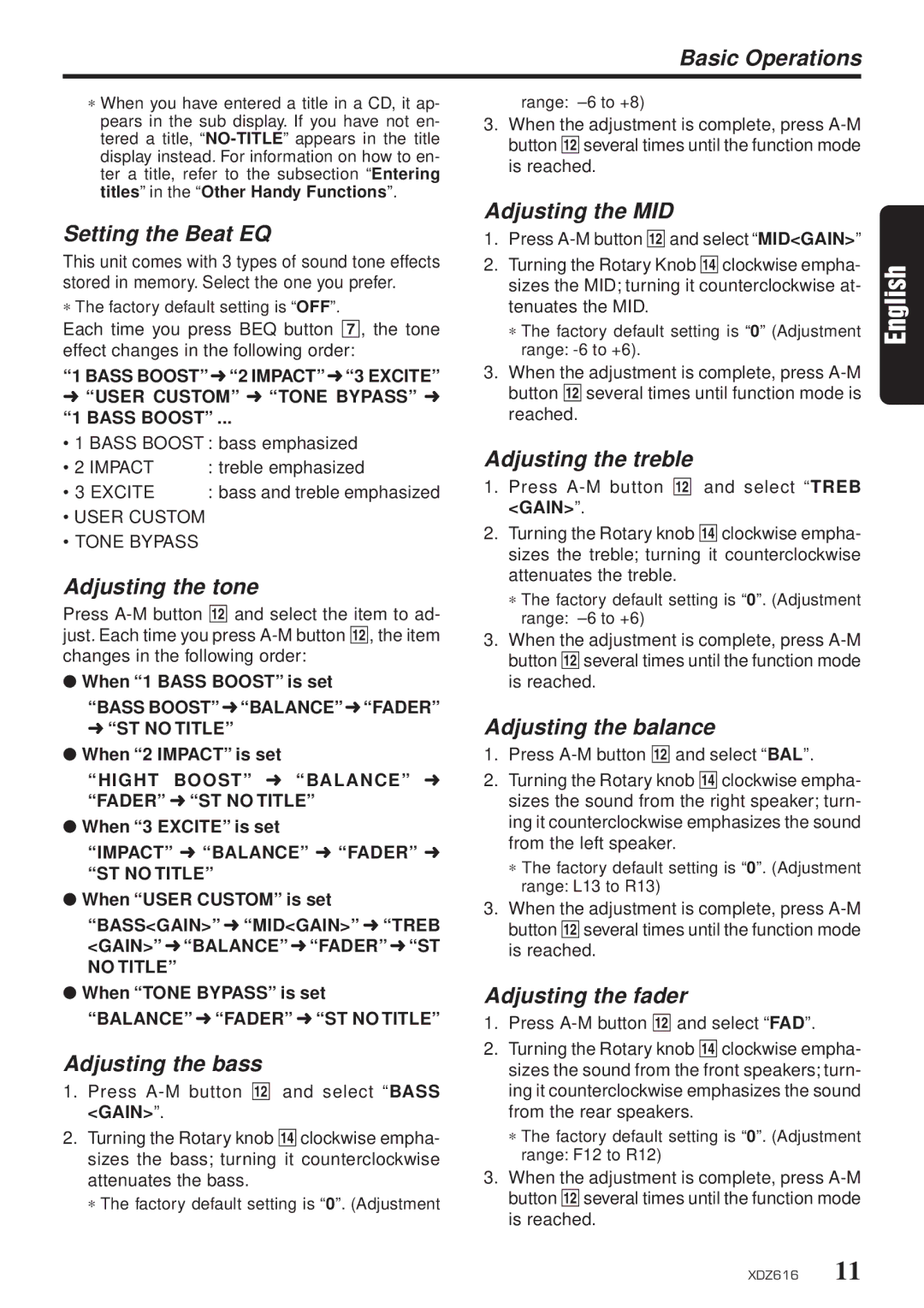 Clarion XDZ616w Basic Operations, Setting the Beat EQ, Adjusting the tone, Adjusting the bass, Adjusting the MID 