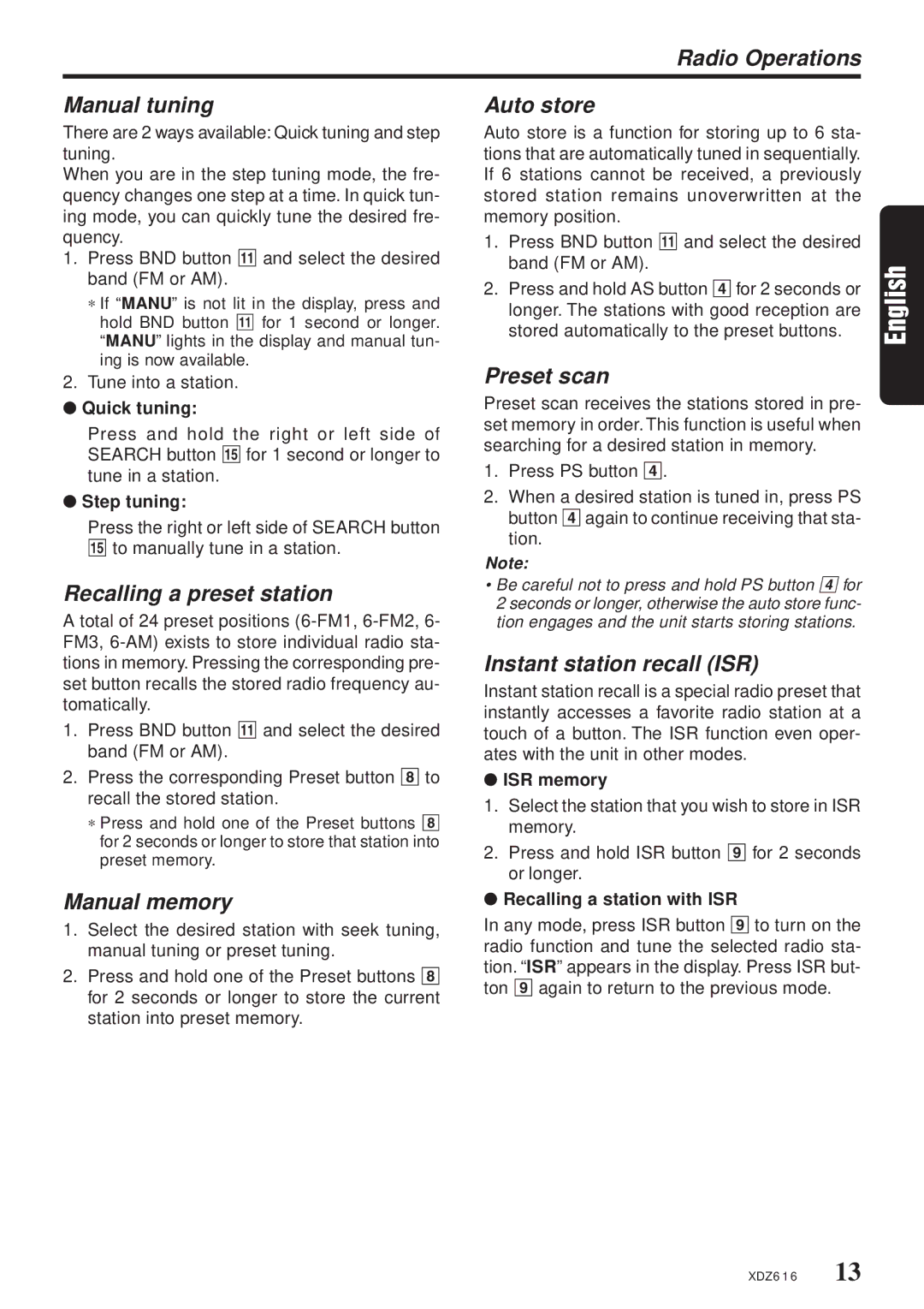 Clarion XDZ616w Radio Operations Manual tuning Auto store, Recalling a preset station, Manual memory, Preset scan 