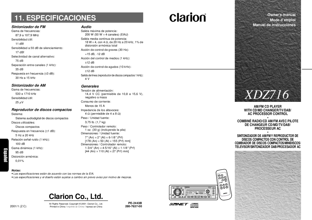 Clarion XDZ716 owner manual Especificaciones 