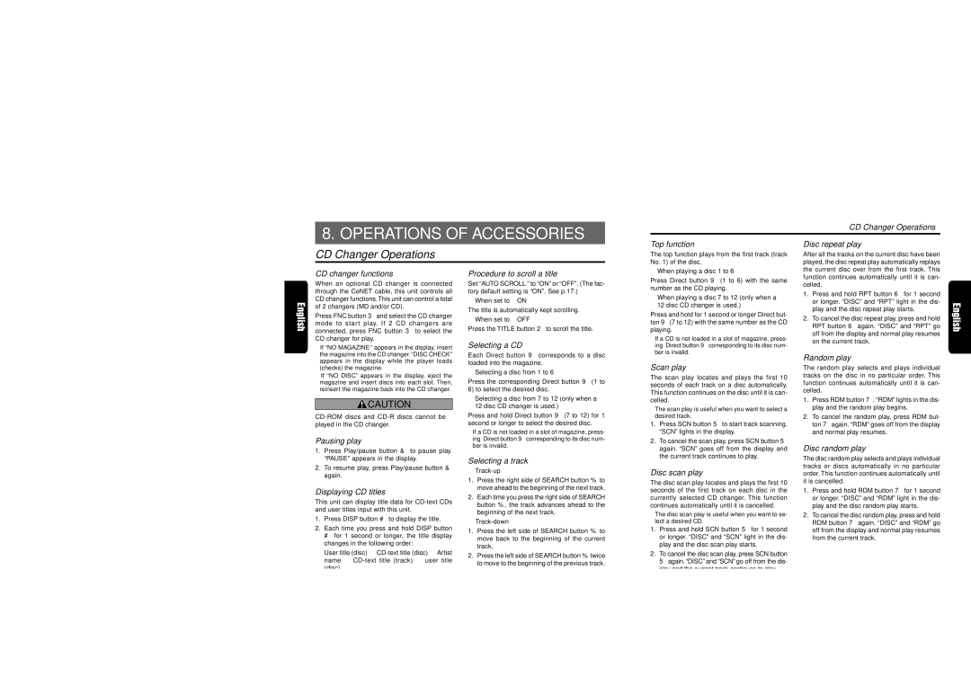 Clarion XDZ716 owner manual Operations of Accessories, CD Changer Operations 