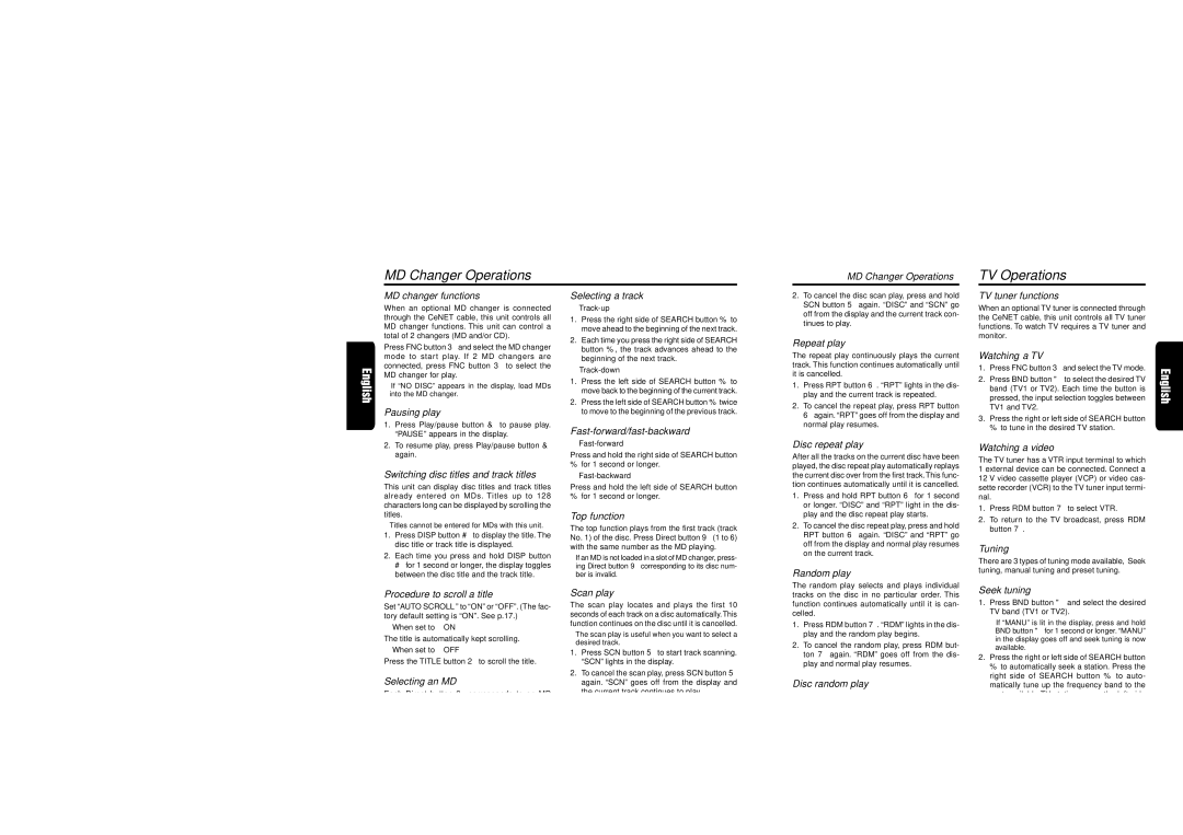 Clarion XDZ716 owner manual MD Changer Operations, TV Operations 