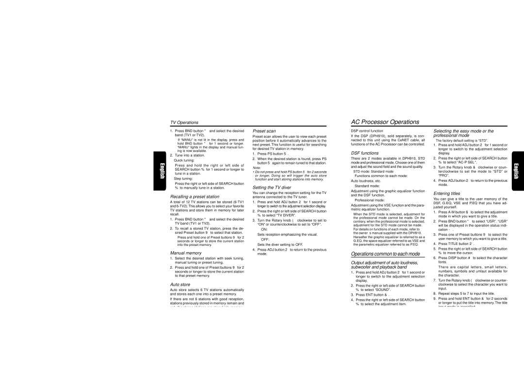 Clarion XDZ716 owner manual AC Processor Operations, STD mode/G.EQ operations, TV Operations, Setting the TV diver 