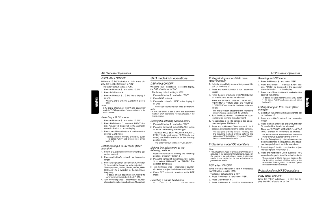 Clarion XDZ716 AC Processor Operations EQ effect ON/OFF, Editing/storing a sound field menu Selecting an VSE menu, Memory 