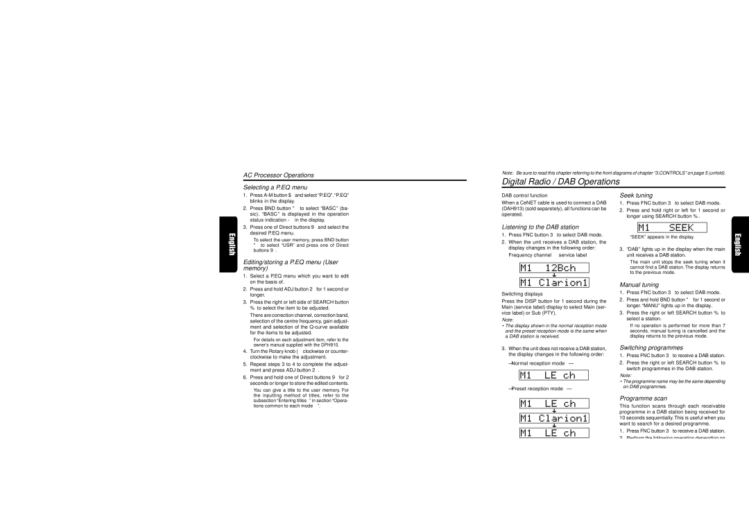 Clarion XDZ716 Digital Radio / DAB Operations, AC Processor Operations Selecting a P.EQ menu, Switching programmes 