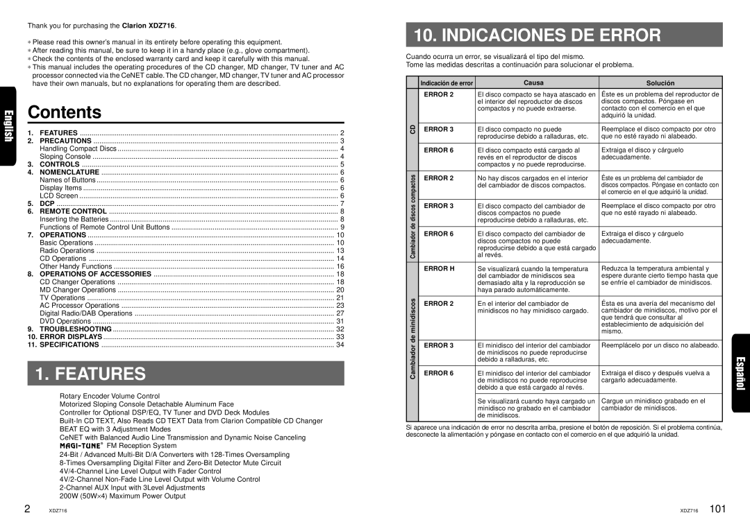 Clarion XDZ716 owner manual Features, Indicaciones DE Error 