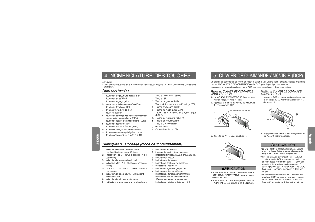 Clarion XDZ716 Nomenclature DES Touches, Nom des touches, Rubriques d’affichage mode de fonctionnement, Ecran LCD 