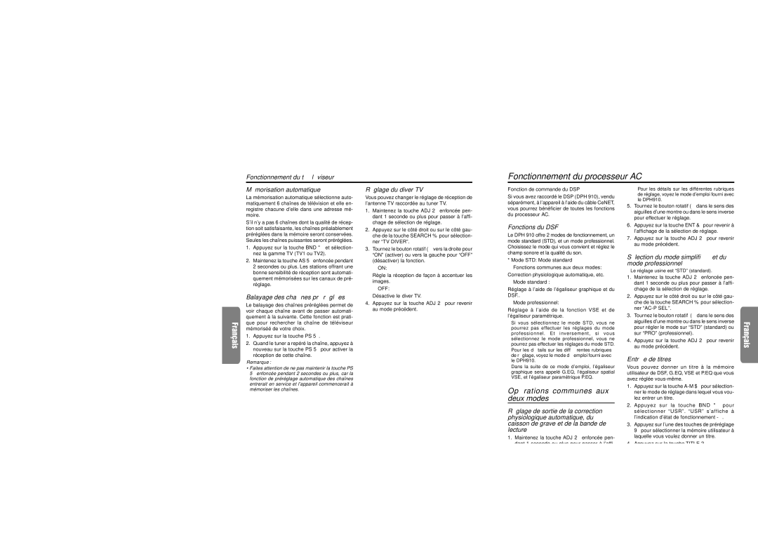 Clarion XDZ716 owner manual Fonctionnement du processeur AC, Opé rations communes aux deux modes 