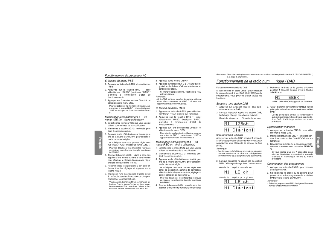 Clarion XDZ716 owner manual Fonctionnement de la radio numé rique / DAB, Mode professionnel/ Fonctionnement du P.EQ 