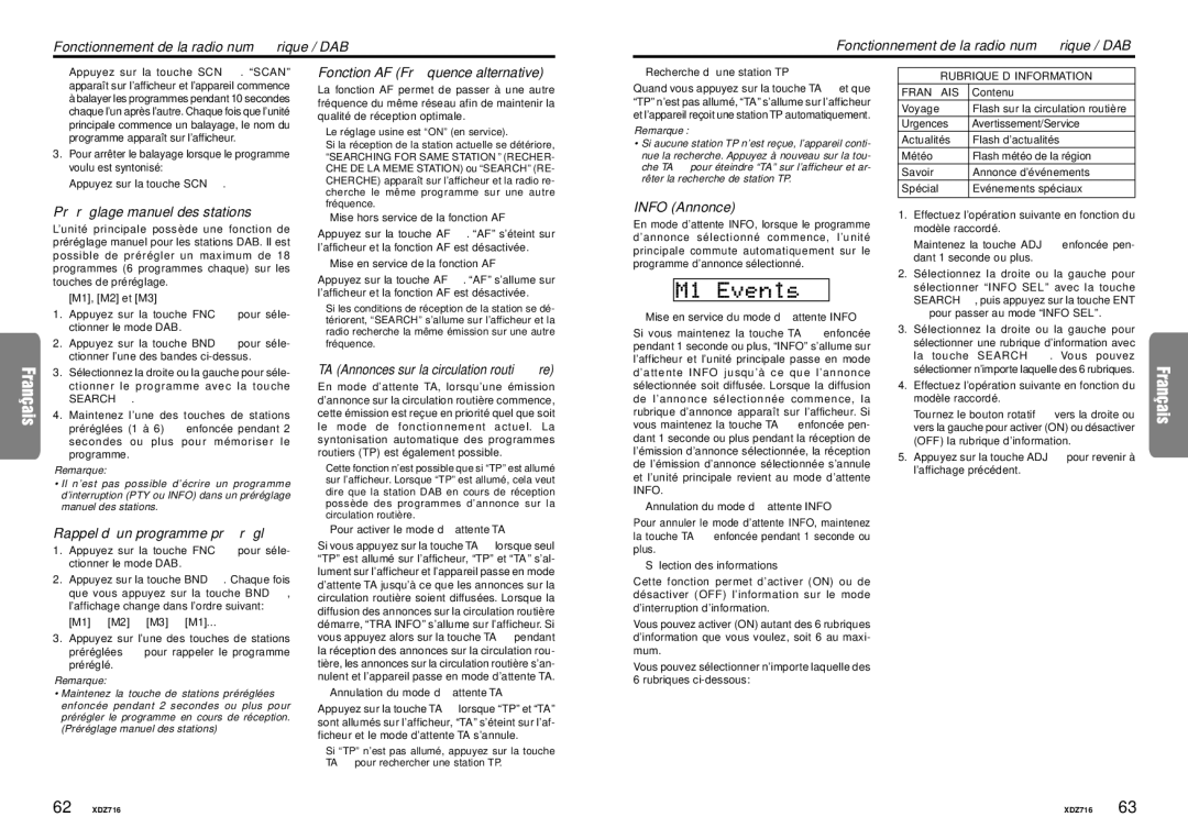 Clarion XDZ716 owner manual Fonctionnement de la radio numé rique / DAB, Pré ré glage manuel des stations, Info Annonce 