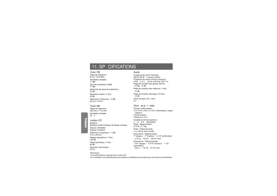 Clarion XDZ716 owner manual 11. SPÉ Cifications, Tuner FM, Tuner AM, Donné es gé né rales, Lecteur CD 