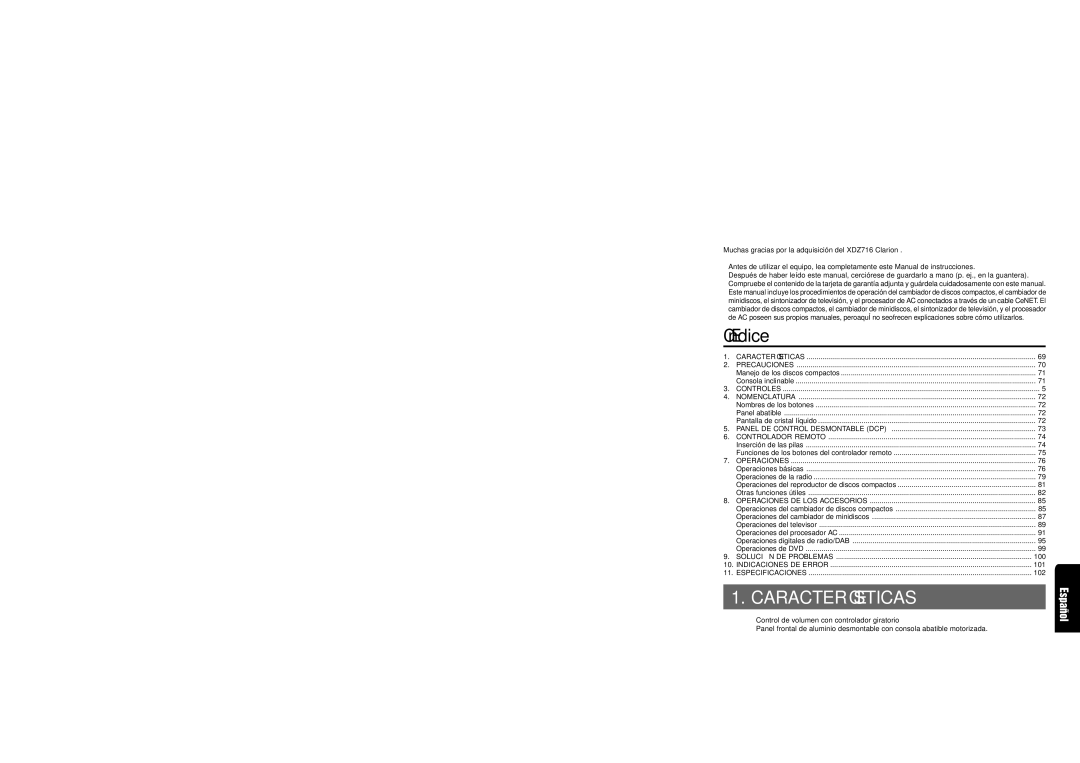 Clarion XDZ716 owner manual Características, Panel DE Control Desmontable DCP, Indicaciones DE Error 