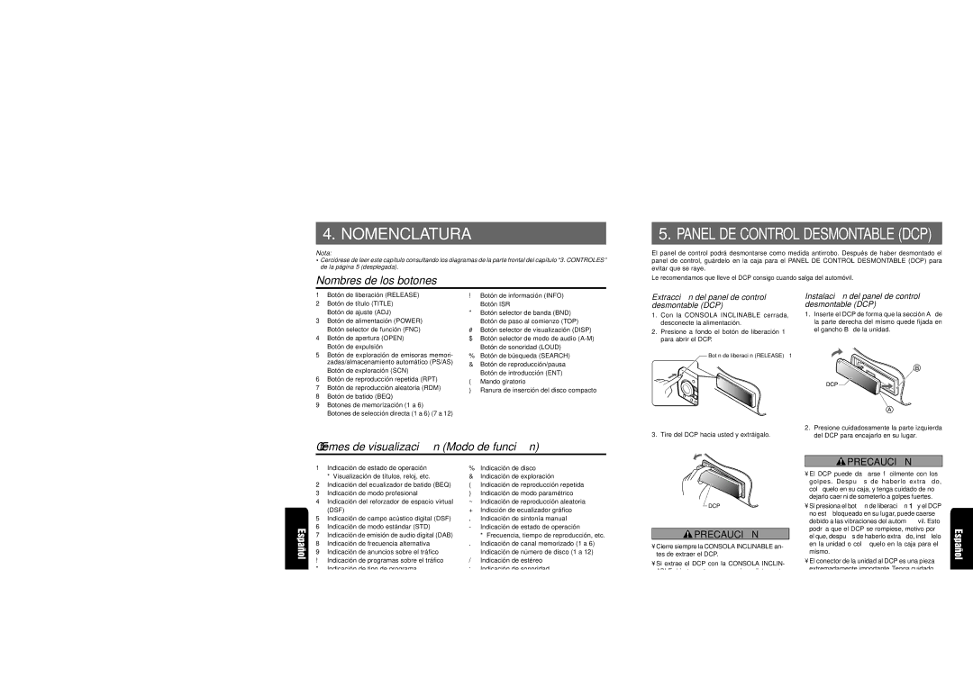 Clarion XDZ716 owner manual Nomenclatura, Nombres de los botones, Ítemes de visualizació n Modo de funció n 