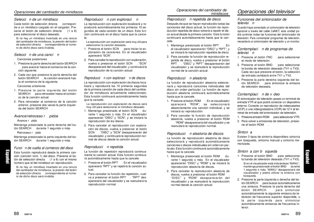 Clarion XDZ716 owner manual Operaciones del televisor 