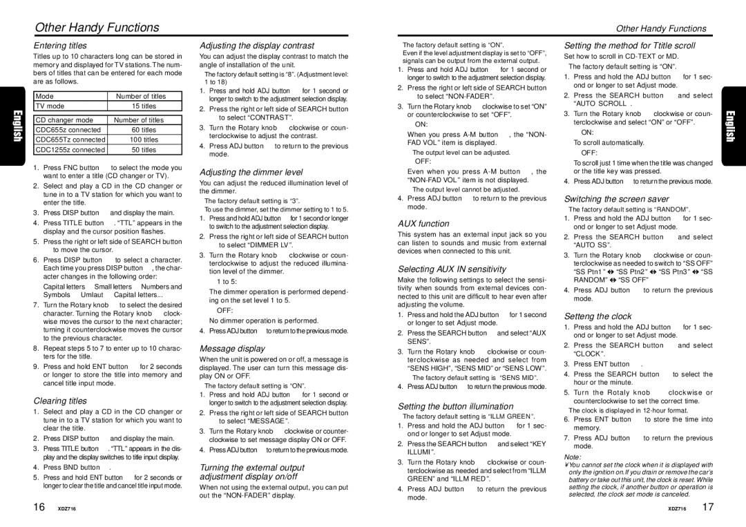 Clarion XDZ716 owner manual Other Handy Functions 