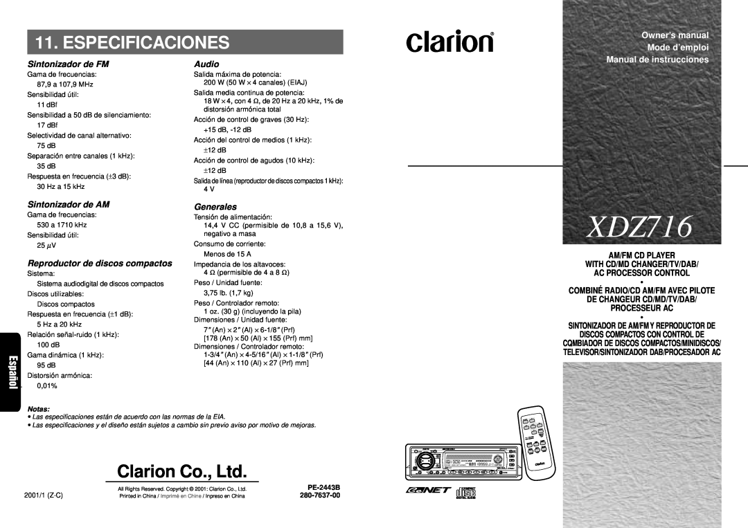 Clarion XDZ716 owner manual Especificaciones, Manual de instrucciones, Am/Fm Cd Player, Combiné Radio/Cd Am/Fm Avec Pilote 