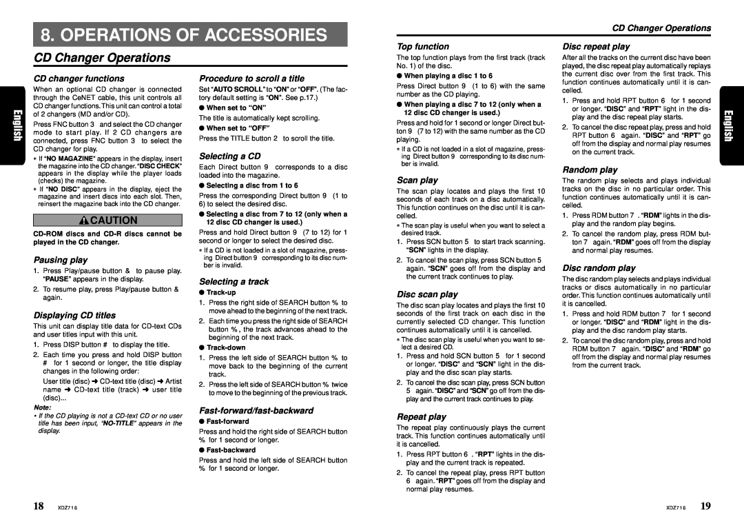 Clarion XDZ716 owner manual Operations Of Accessories, CD Changer Operations 