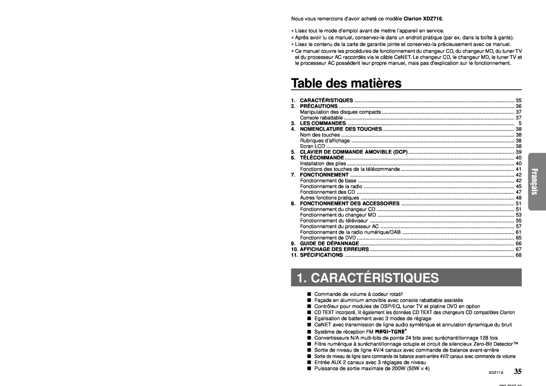 Clarion XDZ716 owner manual Table des matiè res, Caracté Ristiques 