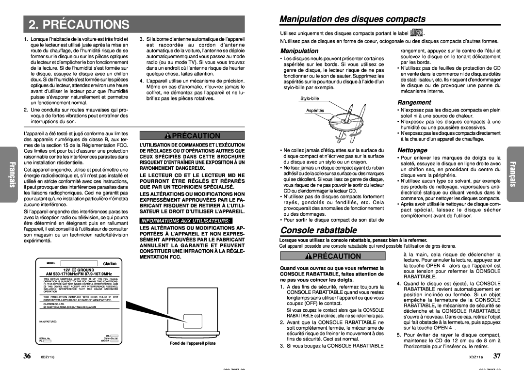 Clarion XDZ716 owner manual 2. PRÉ CAUTIONS, Manipulation des disques compacts, Console rabattable, Pré Caution 