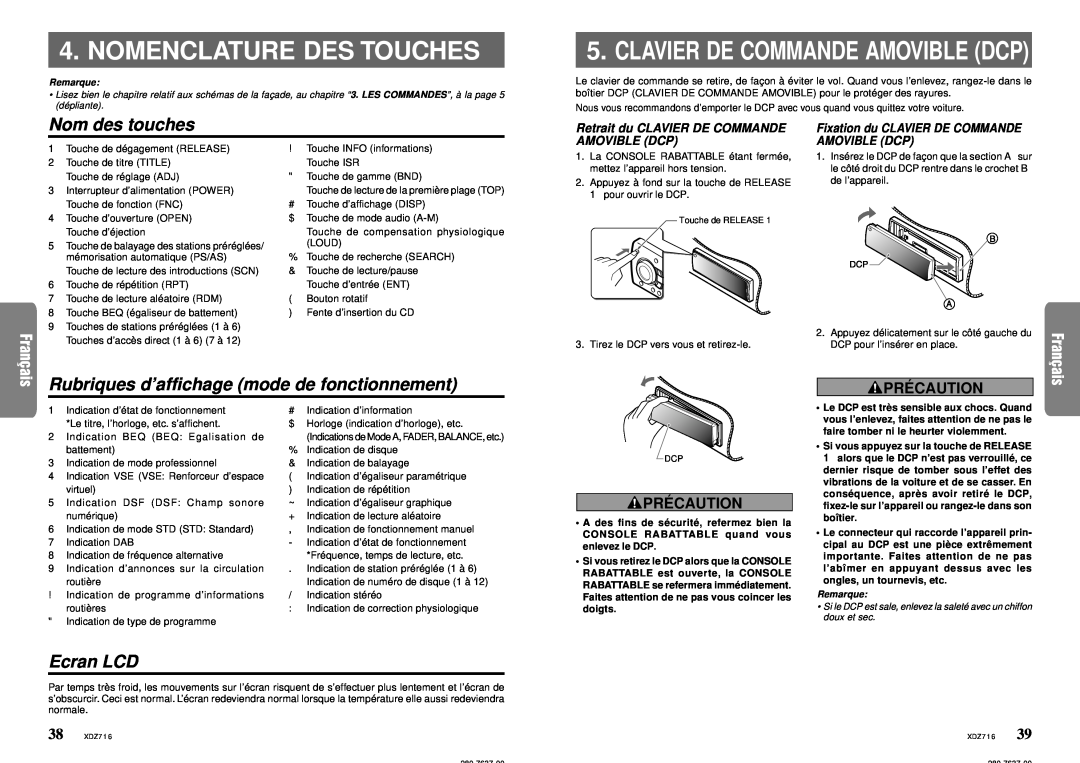 Clarion XDZ716 Nomenclature Des Touches, Clavier De Commande Amovible Dcp, Nom des touches, Ecran LCD, Pré Caution 