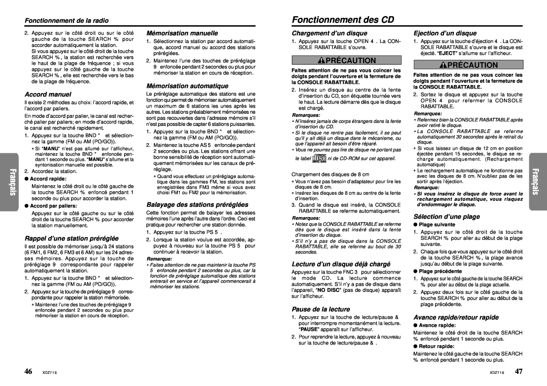 Clarion XDZ716 owner manual Fonctionnement des CD, Pré Caution 