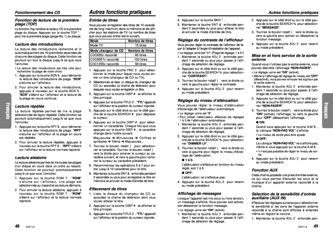 Clarion XDZ716 owner manual Autres fonctions pratiques 