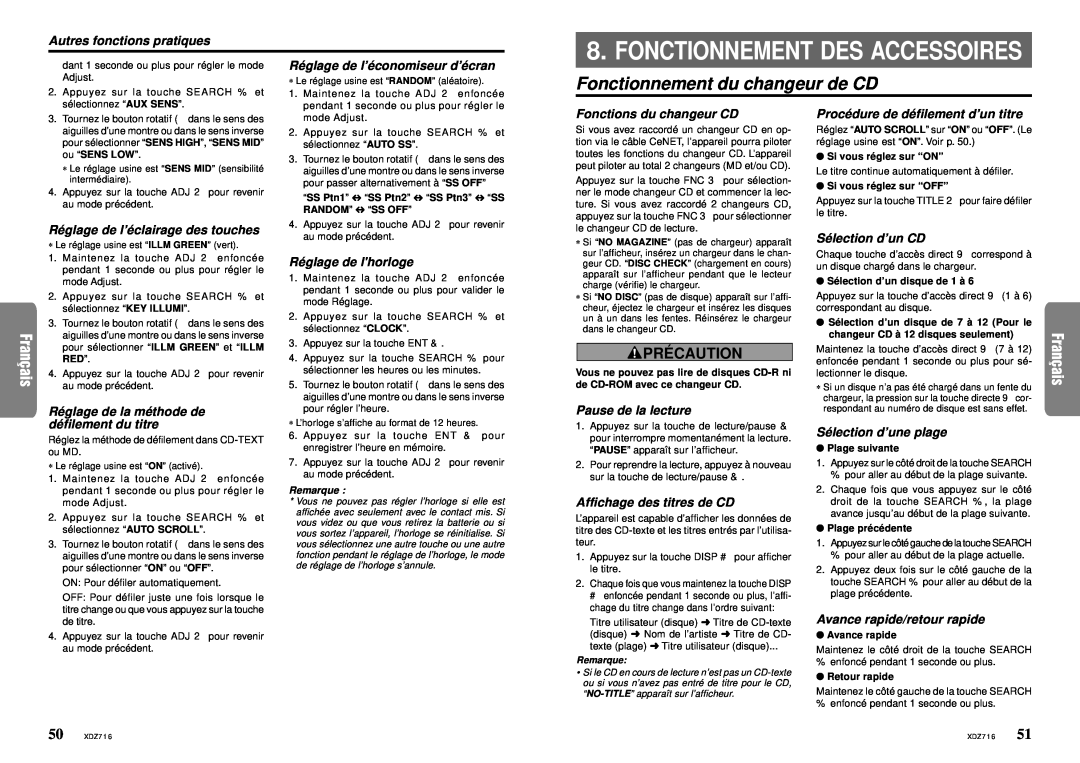Clarion XDZ716 owner manual Fonctionnement du changeur de CD, Fonctionnement Des Accessoires, Pré Caution 