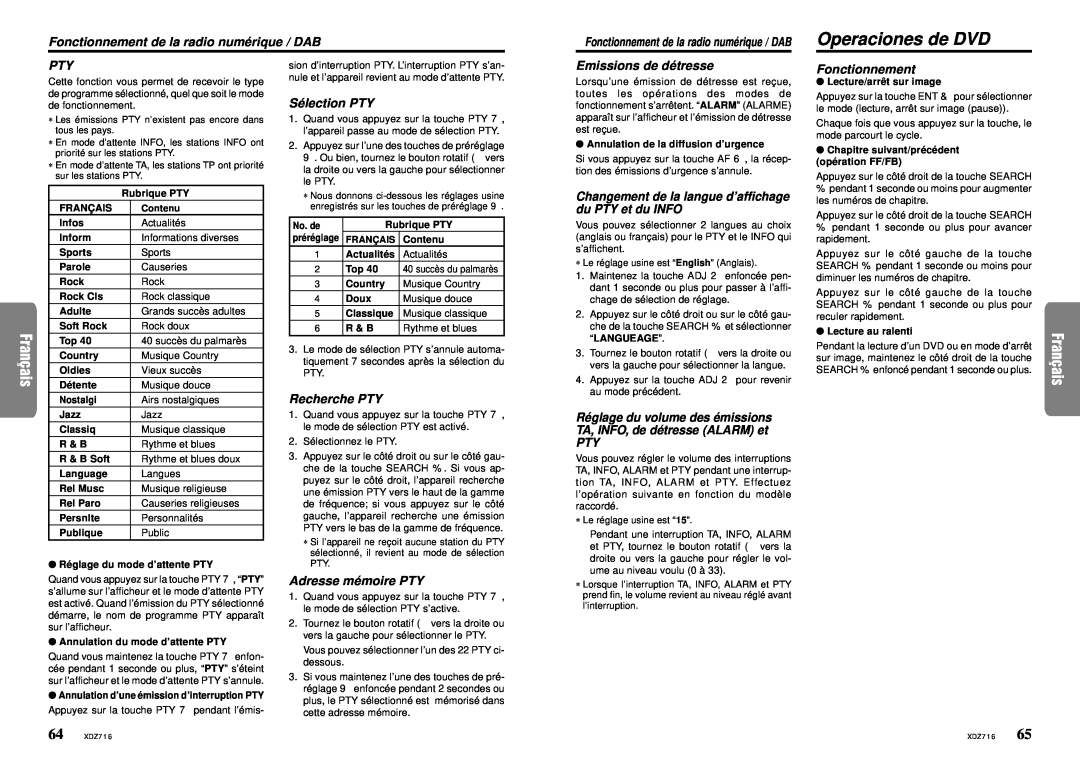 Clarion XDZ716 owner manual Operaciones de DVD, Fonctionnement de la radio numé rique / DAB, Sé lection PTY, Recherche PTY 