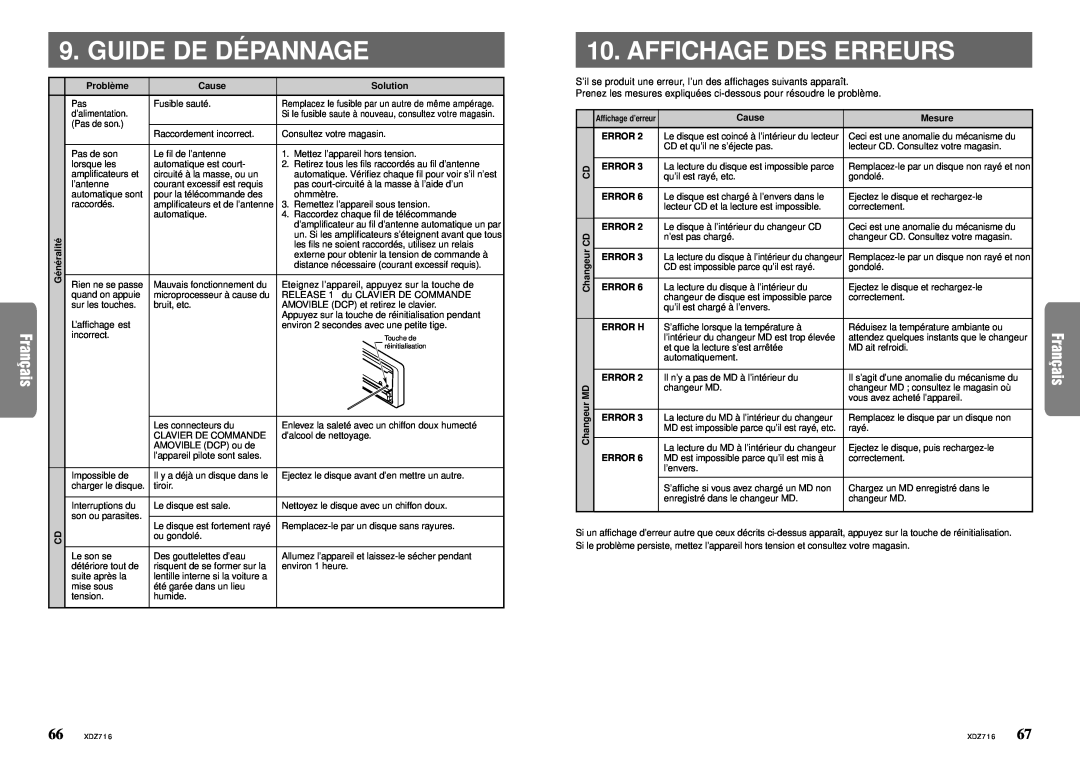 Clarion XDZ716 owner manual Guide De Dé Pannage, Affichage Des Erreurs 