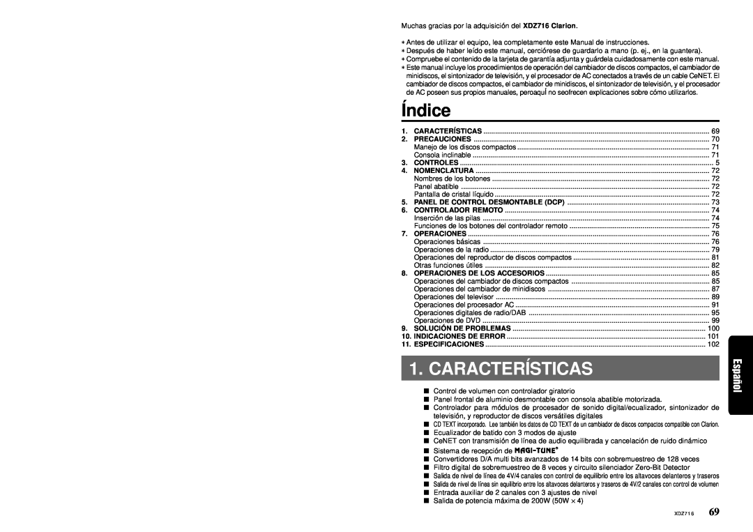 Clarion XDZ716 owner manual Índice, Características 