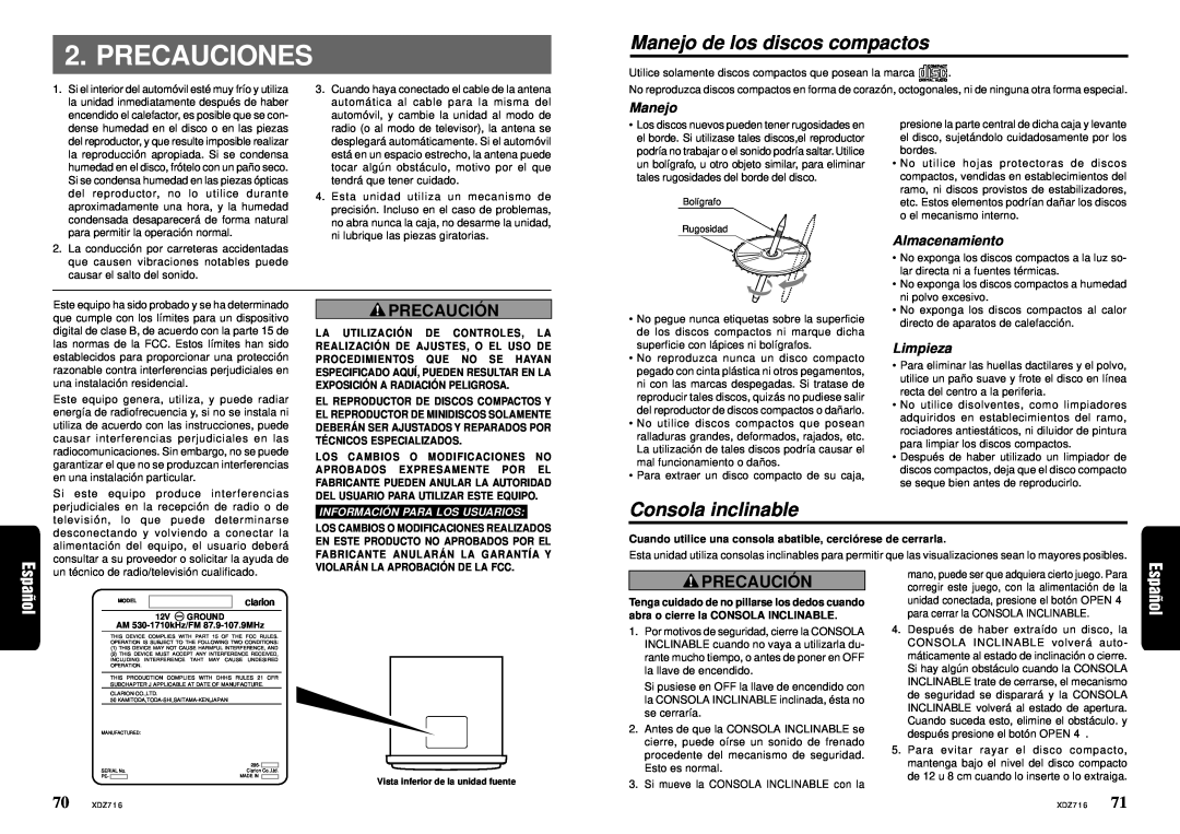 Clarion XDZ716 owner manual Precauciones, Manejo de los discos compactos, Consola inclinable, Precaució N 